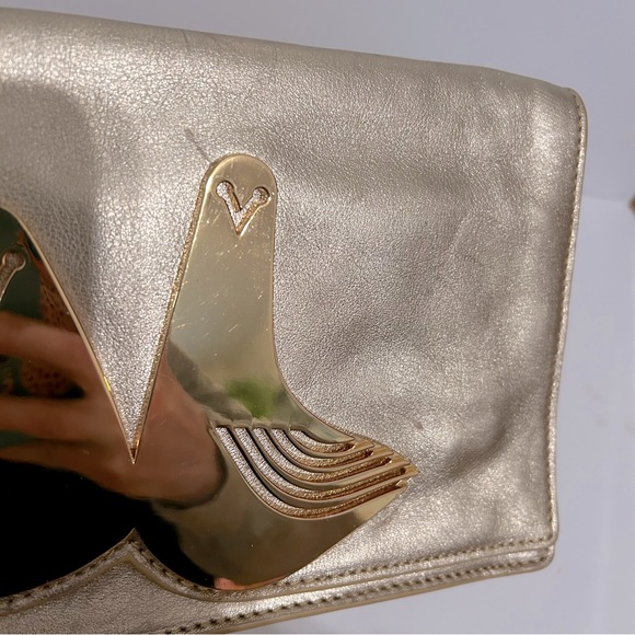 Jonathan Adler Gold Leather Clutch Wristlet with Metal Birds - Picture 10 of 14